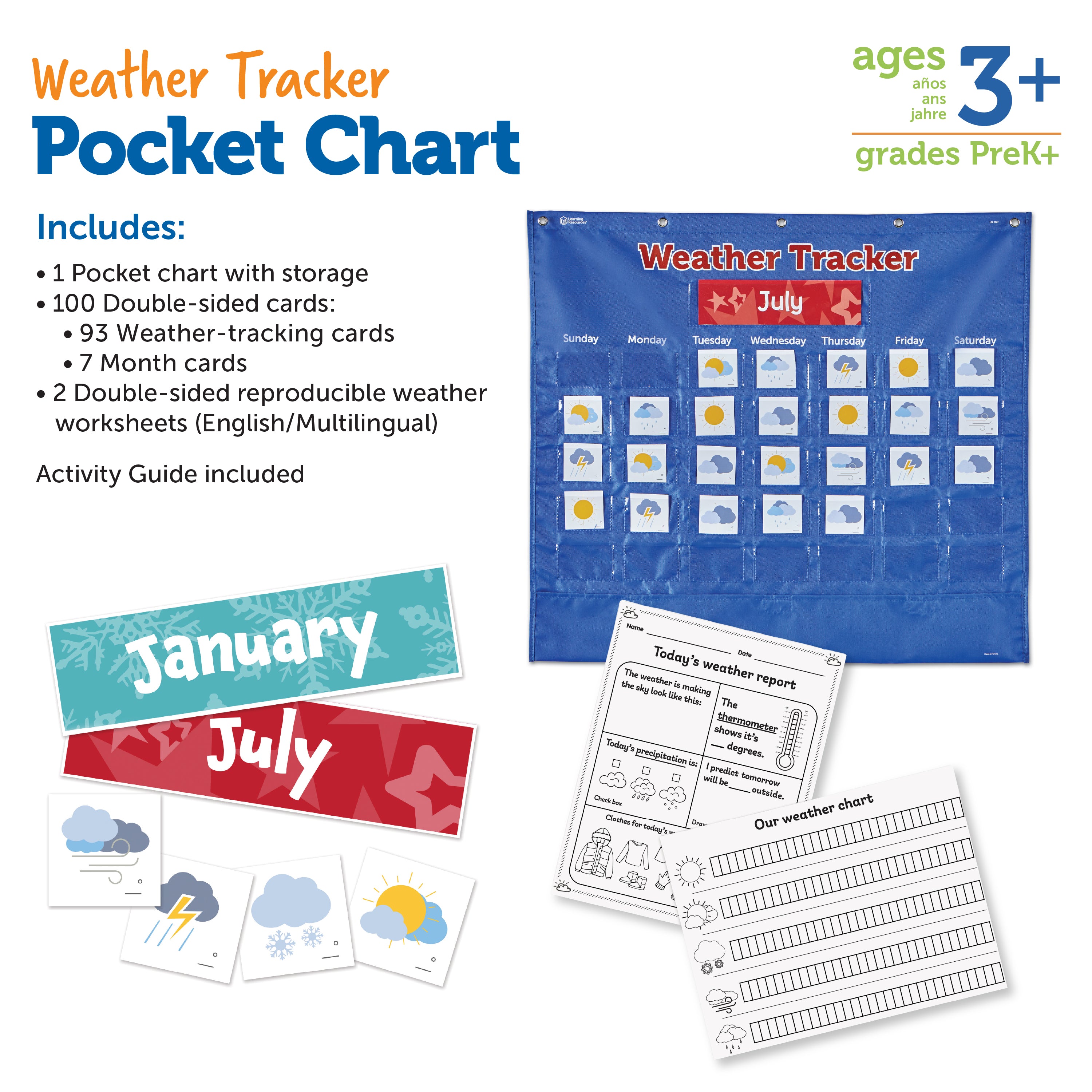 Learning Resources Interactive Weather Tracker Pocket Chart, 103-Piece Set for Daily Weather Observations and Learning