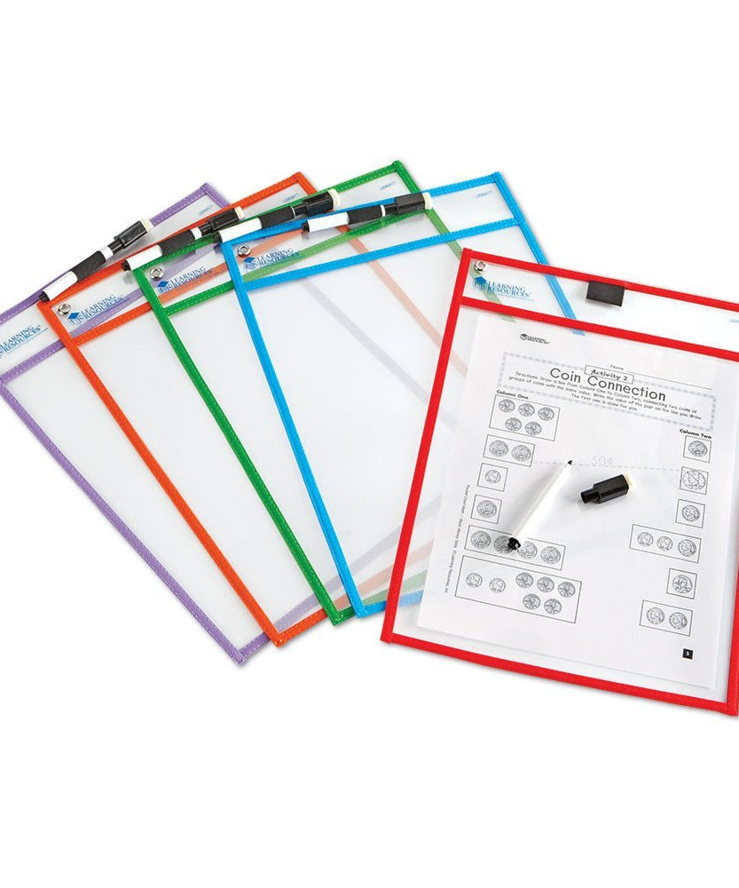 Learning Resources Write & Wipe Pockets (Set of 5), Reusable Clear Dry-Erase Pockets, Includes 5 Dry-Erase Markers with Erasers, Environmentally Friendly, Holds Up to A4 Paper, Multi-Color Set, Ideal for Ages 3+