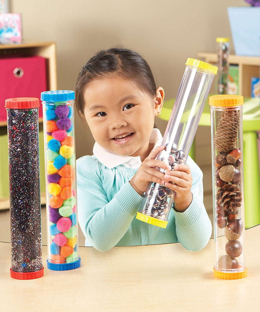 مصادر التعلم - أنابيب حسية للعلوم الأساسية، للاستكشاف الحسي والاكتشاف العلمي المبكر، مجموعة من 4 قطع بأغطية صلبة وجيدة التهوية، للأعمار من سنتين فما فوق