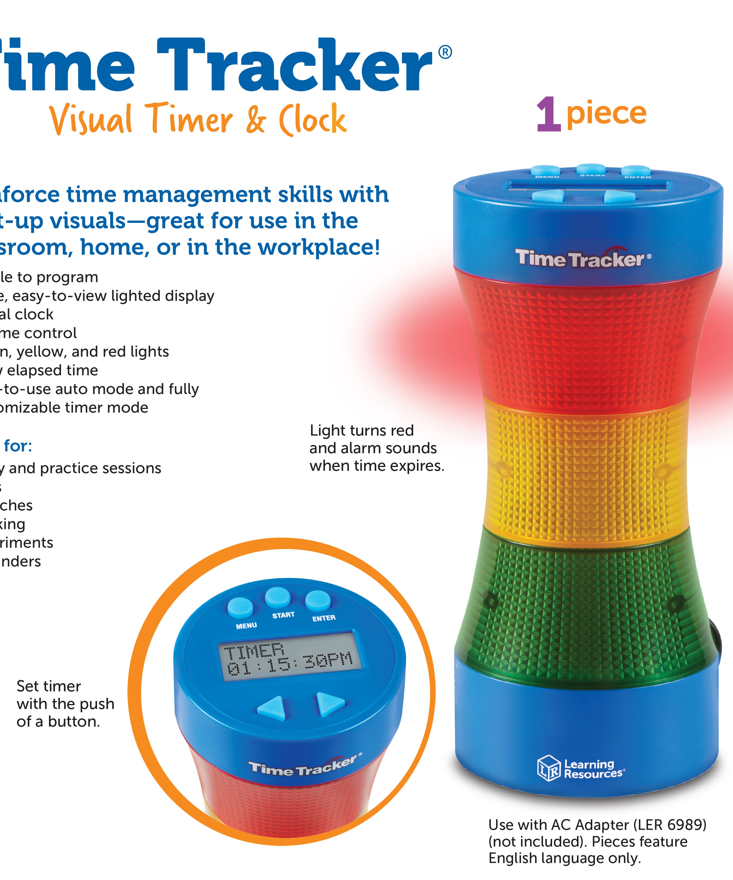 مؤقت الفصل الدراسي من Learning Resources Time Tracker 2.0، مؤقت مرئي وسمعي للأطفال مع شاشة ملونة (للأعمار من 4 سنوات فما فوق)
