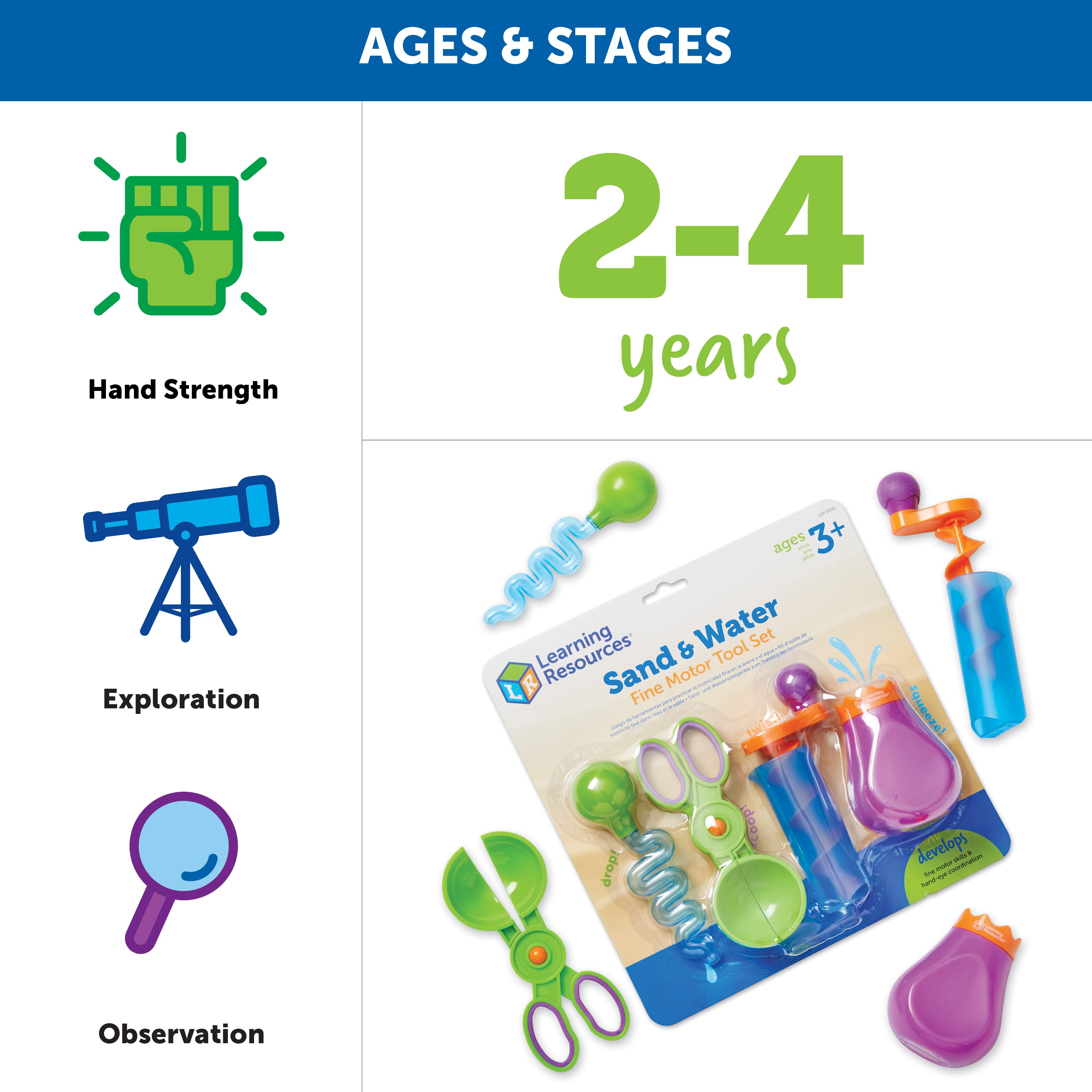 Learning Resources Sand & Water Fine Motor Tool Set, 4 Fun Tools for Sensory Play