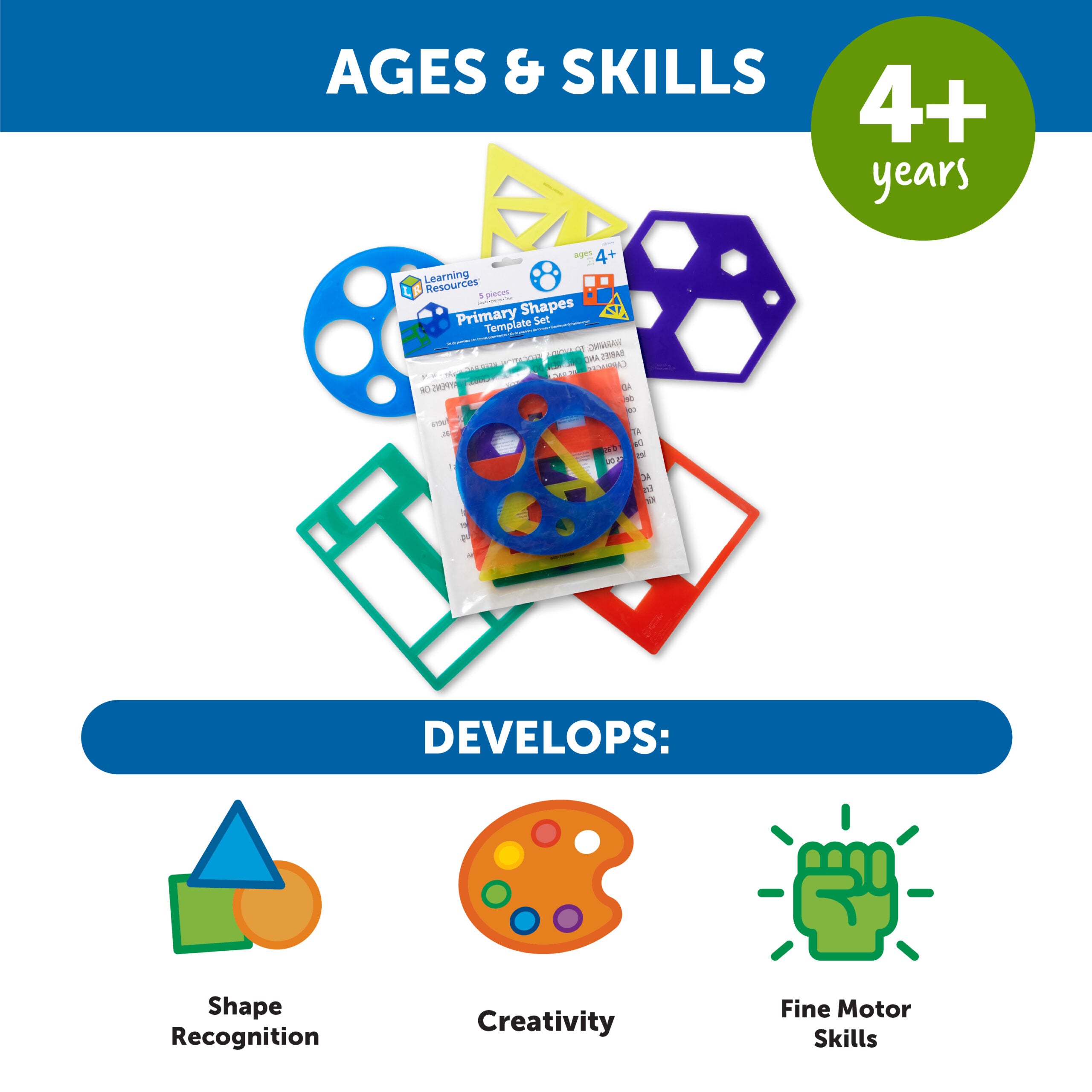 مجموعة قوالب الأشكال الأساسية من Learning Resources، 5 قوالب هندسية، مناسبة للأعمار من 4 سنوات فما فوق، تعلم عملي للأشكال ثنائية الأبعاد