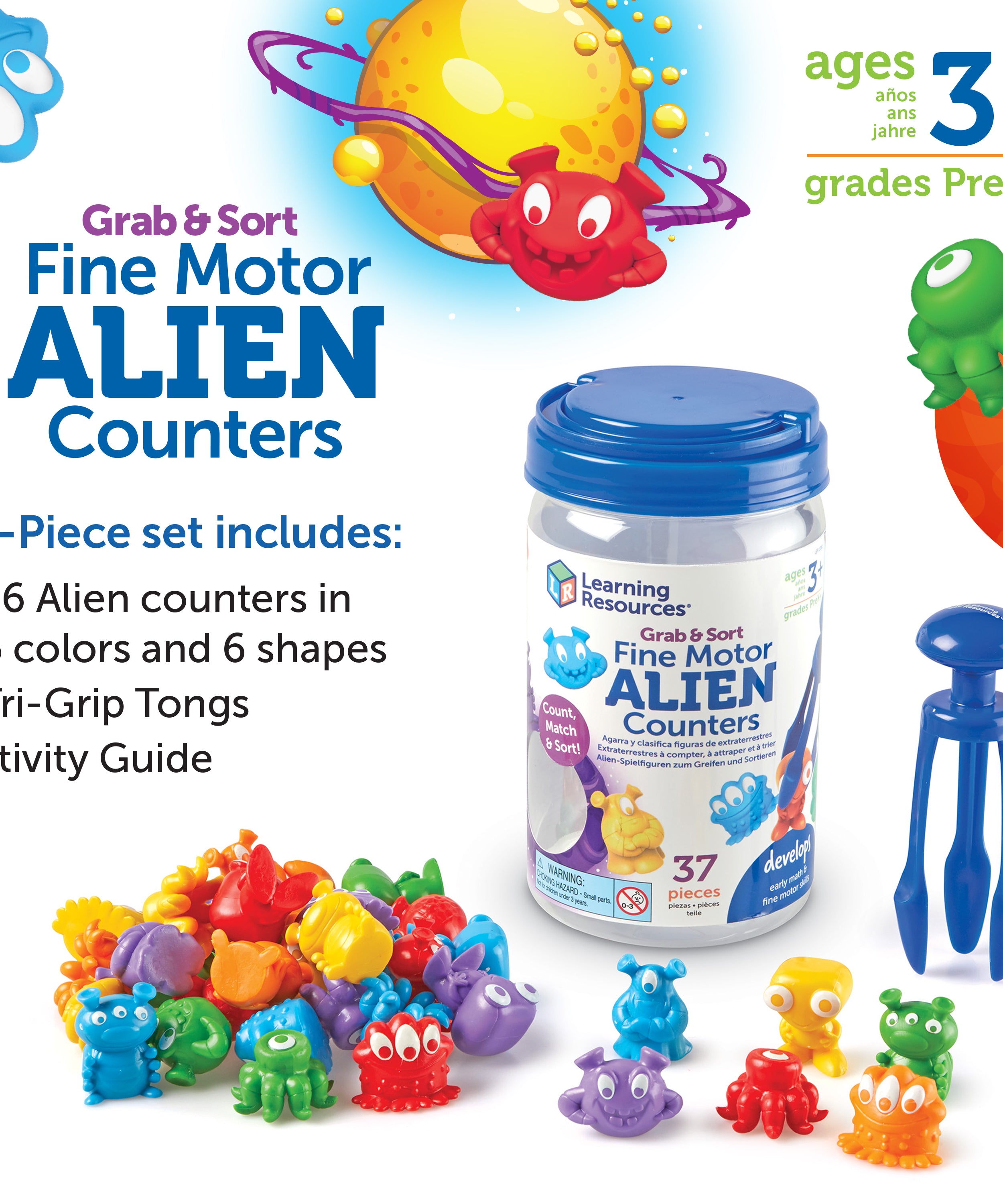Learning Resources Grab & Sort Fine Motor Alien Counters, 37-Piece Early Math and Fine Motor Skills Toy, Includes Tri-Grip Tongs for Counting, Sorting, and Matching, For Preschoolers Ages 3+