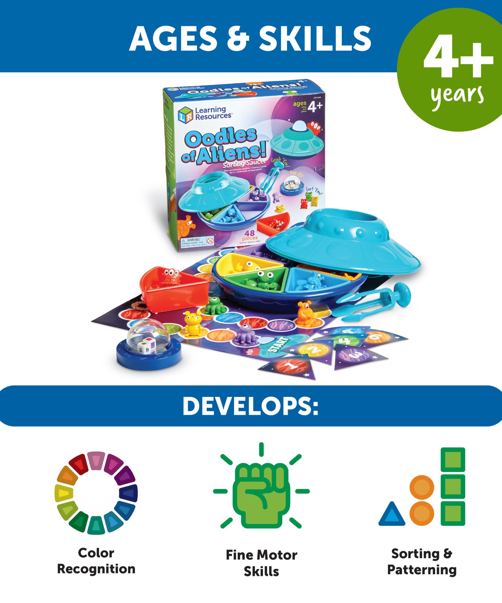 Learning Resources Oodles of Aliens! Sorting Saucer, Fine Motor & Sorting Game for Kids, 48 Pieces, Ages 3+