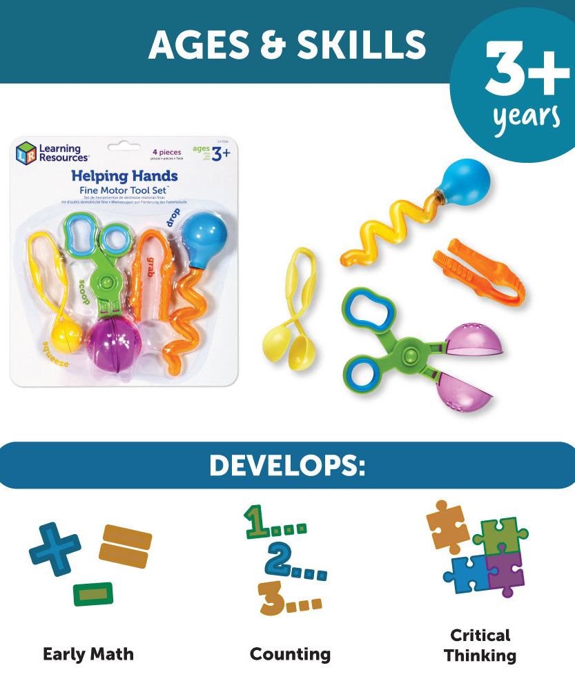 Learning Resources Helping Hands Fine Motor Tool Set, 4-Piece Montessori Sensory Play Tools for Toddlers