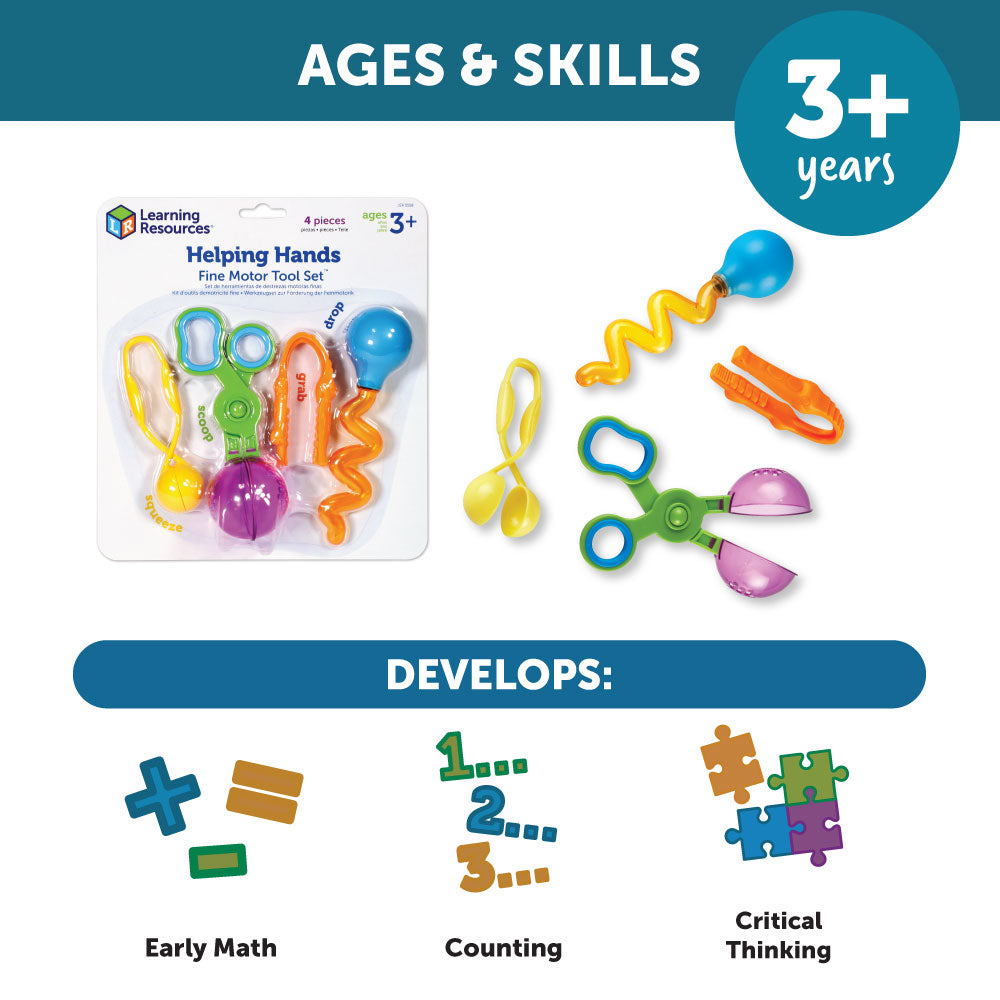 Learning Resources Helping Hands Fine Motor Tool Set, 4-Piece Montessori Sensory Play Tools for Toddlers