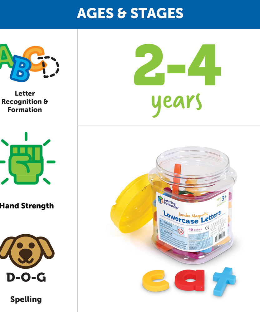 مجموعة حروف مغناطيسية صغيرة جامبو من Learning Resources، مكونة من 40 حرفًا، لتدريب الأطفال على القراءة والكتابة المبكرة، أبجدية مغناطيسية للثلاجة والسبورة البيضاء، تتضمن وعاء تخزين، مناسبة للأعمار من 3 سنوات فما فوق