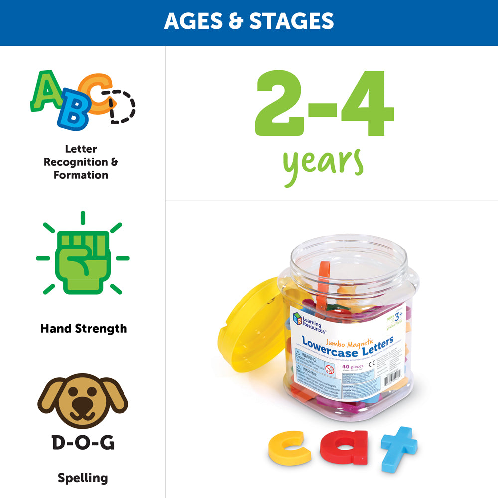مجموعة حروف مغناطيسية صغيرة جامبو من Learning Resources، مكونة من 40 حرفًا، لتدريب الأطفال على القراءة والكتابة المبكرة، أبجدية مغناطيسية للثلاجة والسبورة البيضاء، تتضمن وعاء تخزين، مناسبة للأعمار من 3 سنوات فما فوق