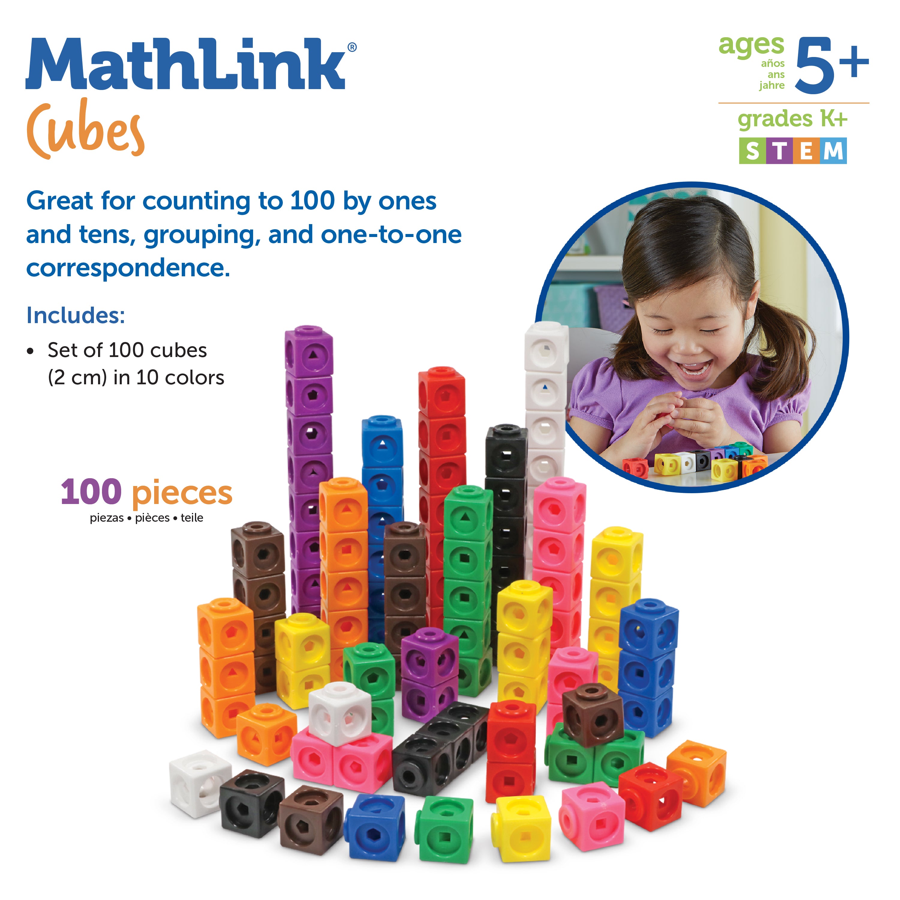 مكعبات MathLink من Learning Resources، مجموعة من 100 مكعب، مناسبة للأعمار من 5 سنوات فما فوق، لتعلم الرياضيات في مجالات STEM والعد والفرز والأنماط
