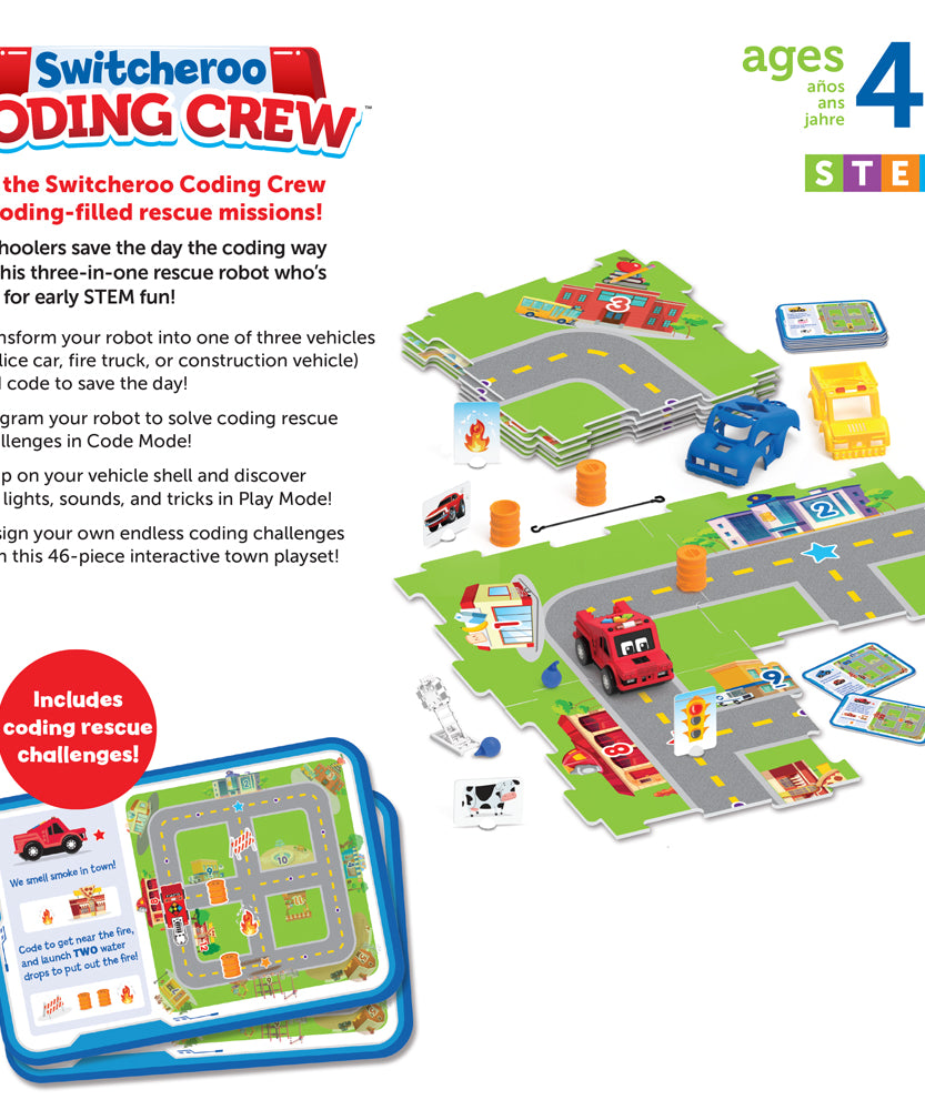 Learning Resources Switcheroo Coding Crew, 3-in-1 Screen-Free Coding Robot for Kids, Preschool STEM Toy with Interchangeable Vehicle Shells and Rescue Missions, Ages 4+