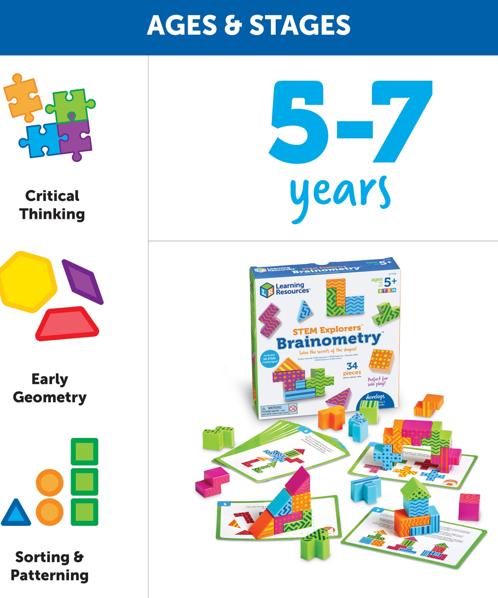 مجموعة تحدي ألغاز الأشكال من STEM Explorers Brainometry، من 34 قطعة، للأطفال من سن 5 سنوات فما فوق
