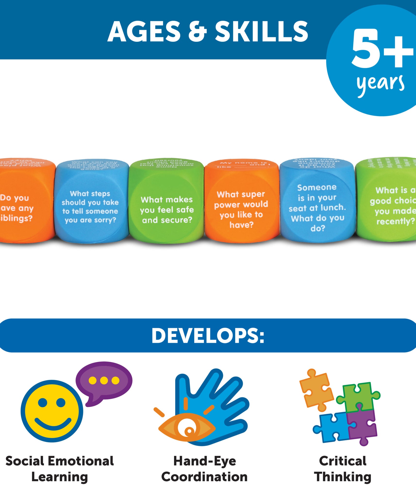 موارد التعلم دعونا نتحدث مكعبات التعلم الاجتماعي والعاطفي، مجموعة من 6 مكعبات محادثة للتعلم الاجتماعي والعاطفي، تتضمن 36 دافعًا لكسر الجمود والمهارات الاجتماعية والوعي العاطفي، للأعمار من 5 سنوات فما فوق