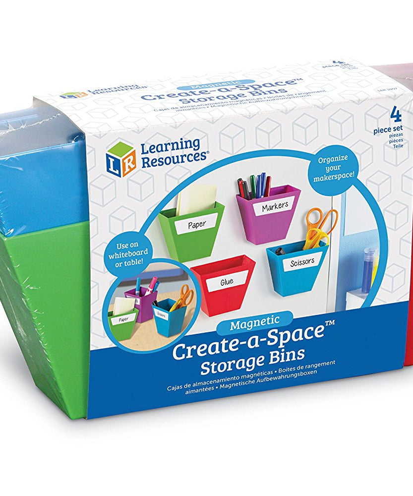 Learning Resources Magnetic Create-a-Space Storage Bins (Set of 4), Vibrant, Multi-Compartment Organizers for Classroom, Office, or Homework Station, Includes Wipe-Clean Labels (9cm x 5cm Each)