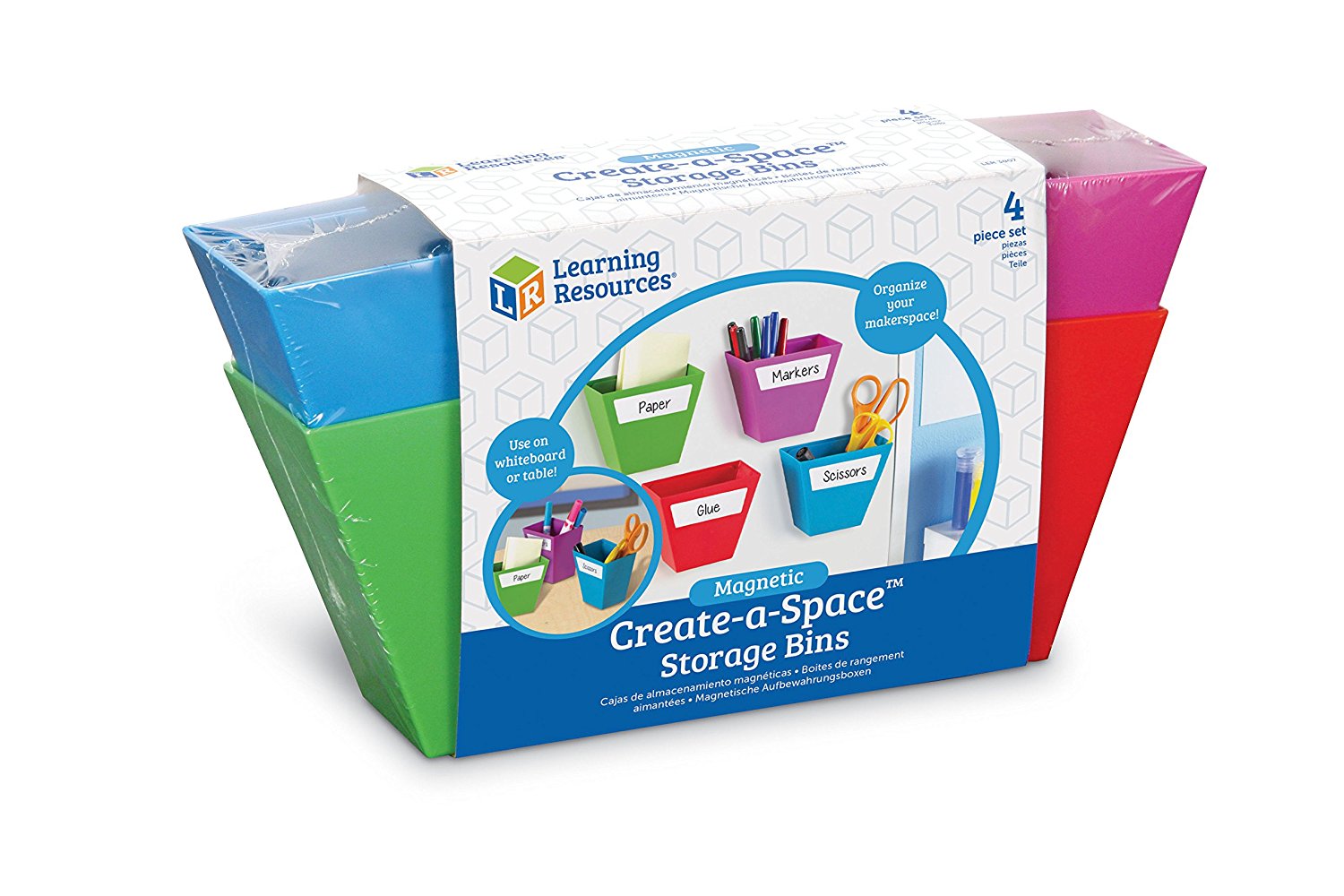 Learning Resources Magnetic Create-a-Space Storage Bins (Set of 4), Vibrant, Multi-Compartment Organizers for Classroom, Office, or Homework Station, Includes Wipe-Clean Labels (9cm x 5cm Each)
